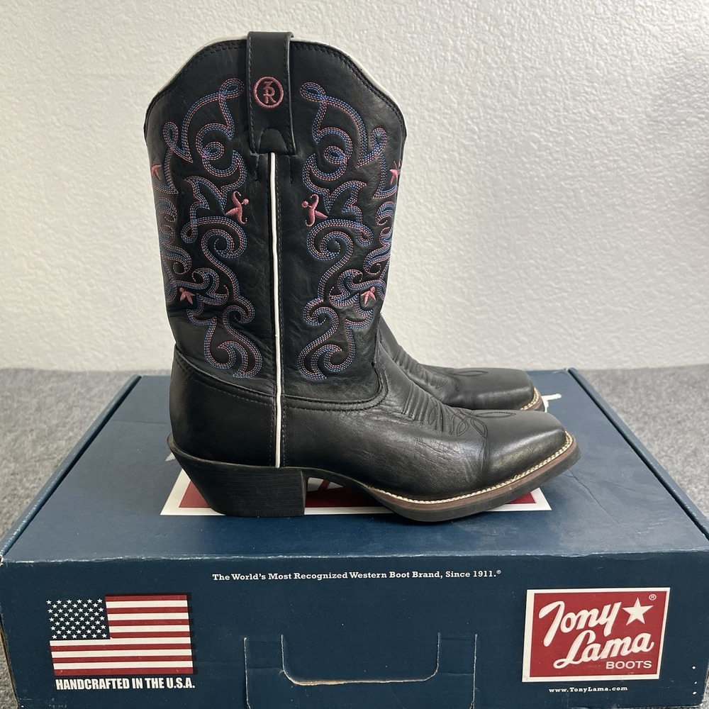 Tony Lama 8.5 B Black Leather Pink Blue Stitching Square Toe Cowboy Boots